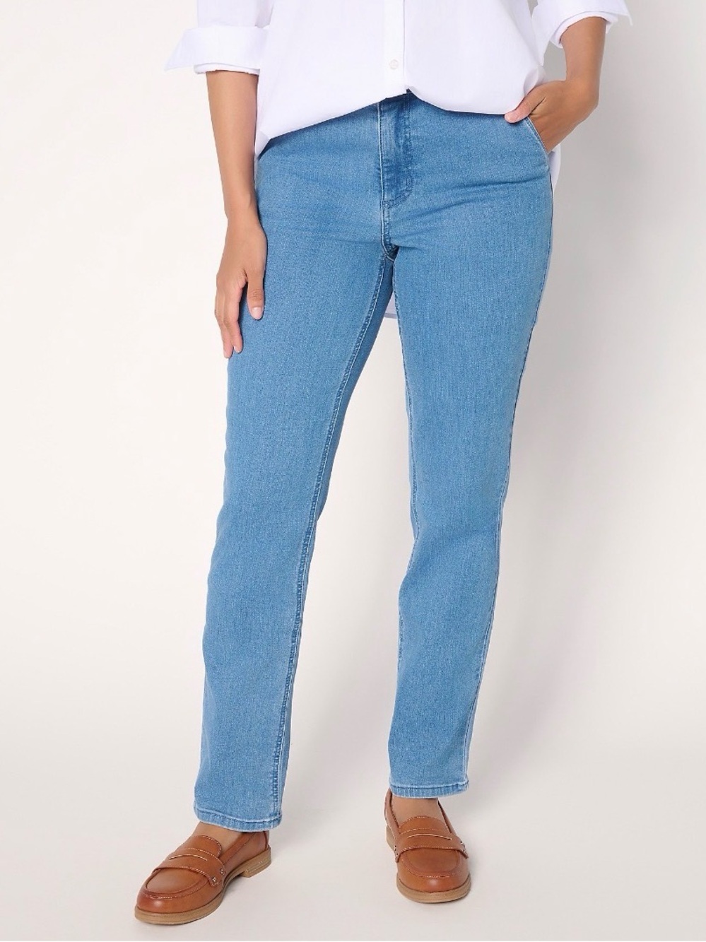 Susan Graver Petite Warm Touch Straight Leg Jean in Medium Wash